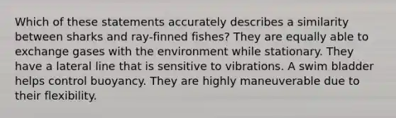 Which of these statements accurately describes a similarity between sharks and ray-finned fishes? They are equally able to exchange gases with the environment while stationary. They have a lateral line that is sensitive to vibrations. A swim bladder helps control buoyancy. They are highly maneuverable due to their flexibility.