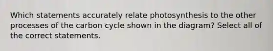 Which statements accurately relate photosynthesis to the other processes of the carbon cycle shown in the diagram? Select all of the correct statements.