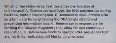 Which of the statements best describes the function of telomerase? A. Telomerase stabilizes the RNA polymerase during bacterial protein transcription. B. Telomerase uses internal RNA as a template for lengthening the DNA single strand and preventing information loss. C. Telomerase is responsible for forming the Okazaki fragments that allow for non-continuous replication. D. Telomerase binds to specific DNA sequences that are not to be replicated and blocks polymerases.