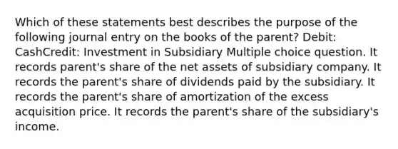 Which of these statements best describes the purpose of the following journal entry on the books of the parent? Debit: CashCredit: Investment in Subsidiary Multiple choice question. It records parent's share of the net assets of subsidiary company. It records the parent's share of dividends paid by the subsidiary. It records the parent's share of amortization of the excess acquisition price. It records the parent's share of the subsidiary's income.