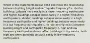 Which of the statements below BEST describes the relationship between building height and earthquake frequency? a. shorter buildings collapse more easily in a lower frequency earthquake and higher buildings collapse more easily in a higher frequency earthquake b. shorter buildings collapse more easily in a high frequency earthquake and higher buildings collapse more easily in a low frequency earthquake c. no relationship exists between building height and earthquake frequency d. high and low frequency earthquakes do not affect buildings in dry sand e. both high and short buildings collapse easily in low frequency earthquakes