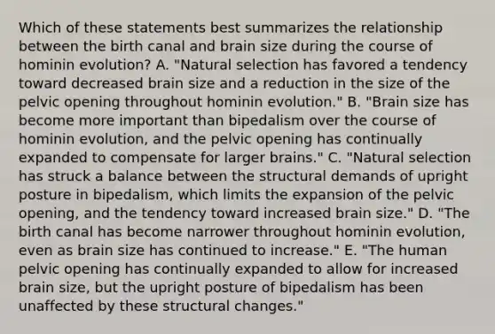 Which of these statements best summarizes the relationship between the birth canal and brain size during the course of hominin evolution? A. "Natural selection has favored a tendency toward decreased brain size and a reduction in the size of the pelvic opening throughout hominin evolution." B. "Brain size has become more important than bipedalism over the course of hominin evolution, and the pelvic opening has continually expanded to compensate for larger brains." C. "Natural selection has struck a balance between the structural demands of upright posture in bipedalism, which limits the expansion of the pelvic opening, and the tendency toward increased brain size." D. "The birth canal has become narrower throughout hominin evolution, even as brain size has continued to increase." E. "The human pelvic opening has continually expanded to allow for increased brain size, but the upright posture of bipedalism has been unaffected by these structural changes."