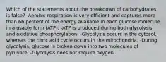 Which of the statements about the breakdown of carbohydrates is false? -Aerobic respiration is very efficient and captures more than 66 percent of the energy available in each glucose molecule in a usable form (ATP). -ATP is produced during both glycolysis and oxidative phosphorylation. -Glycolysis occurs in the cytosol, whereas the citric acid cycle occurs in the mitochondria. -During glycolysis, glucose is broken down into two molecules of pyruvate. -Glycolysis does not require oxygen.