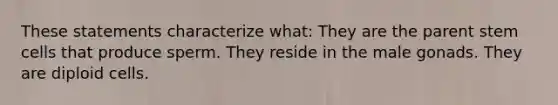 These statements characterize what: They are the parent stem cells that produce sperm. They reside in the male gonads. They are diploid cells.