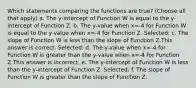 Which statements comparing the functions are true? (Choose all that apply) a. The y-intercept of Function W is equal to the y-intercept of Function Z. b. The y-value when x=-4 for Function W is equal to the y-value when x=-4 for Function Z. Selected: c. The slope of Function W is less than the slope of Function Z.This answer is correct. Selected: d. The y-value when x=-4 for Function W is greater than the y-value when x=-4 for Function Z.This answer is incorrect. e. The y-intercept of Function W is less than the y-intercept of Function Z. Selected: f. The slope of Function W is greater than the slope of Function Z.