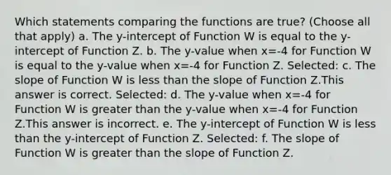 Which statements comparing the functions are true? (Choose all that apply) a. The y-intercept of Function W is equal to the y-intercept of Function Z. b. The y-value when x=-4 for Function W is equal to the y-value when x=-4 for Function Z. Selected: c. The slope of Function W is less than the slope of Function Z.This answer is correct. Selected: d. The y-value when x=-4 for Function W is greater than the y-value when x=-4 for Function Z.This answer is incorrect. e. The y-intercept of Function W is less than the y-intercept of Function Z. Selected: f. The slope of Function W is greater than the slope of Function Z.