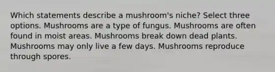 Which statements describe a mushroom's niche? Select three options. Mushrooms are a type of fungus. Mushrooms are often found in moist areas. Mushrooms break down dead plants. Mushrooms may only live a few days. Mushrooms reproduce through spores.