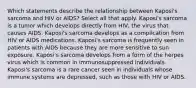 Which statements describe the relationship between Kaposi's sarcoma and HIV or AIDS? Select all that apply. Kaposi's sarcoma is a tumor which develops directly from HIV, the virus that causes AIDS. Kaposi's sarcoma develops as a complication from HIV or AIDS medications. Kaposi's sarcoma is frequently seen in patients with AIDS because they are more sensitive to sun exposure. Kaposi's sarcoma develops from a form of the herpes virus which is common in immunosuppressed individuals. Kaposi's sarcoma is a rare cancer seen in individuals whose immune systems are depressed, such as those with HIV or AIDS.