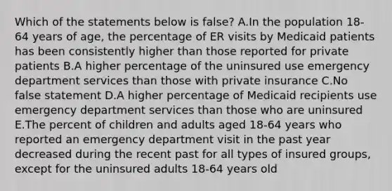 Which of the statements below is false? A.In the population 18-64 years of age, the percentage of ER visits by Medicaid patients has been consistently higher than those reported for private patients B.A higher percentage of the uninsured use emergency department services than those with private insurance C.No false statement D.A higher percentage of Medicaid recipients use emergency department services than those who are uninsured E.The percent of children and adults aged 18-64 years who reported an emergency department visit in the past year decreased during the recent past for all types of insured groups, except for the uninsured adults 18-64 years old