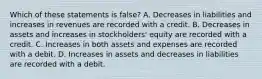 Which of these statements is false? A. Decreases in liabilities and increases in revenues are recorded with a credit. B. Decreases in assets and increases in stockholders' equity are recorded with a credit. C. Increases in both assets and expenses are recorded with a debit. D. Increases in assets and decreases in liabilities are recorded with a debit.