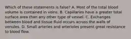 Which of these statements is false? A. Most of the total blood volume is contained in veins. B. Capillaries have a greater total surface area than any other type of vessel. C. Exchanges between blood and tissue fluid occurs across the walls of venules. D. Small arteries and arterioles present great resistance to blood flow.