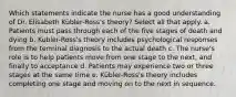 Which statements indicate the nurse has a good understanding of Dr. Elisabeth Kübler-Ross's theory? Select all that apply. a. Patients must pass through each of the five stages of death and dying b. Kubler-Ross's theory includes psychological responses from the terminal diagnosis to the actual death c. The nurse's role is to help patients move from one stage to the next, and finally to acceptance d. Patients may experience two or three stages at the same time e. Kübler-Ross's theory includes completing one stage and moving on to the next in sequence.