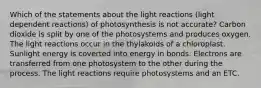 Which of the statements about the light reactions (light dependent reactions) of photosynthesis is not accurate? Carbon dioxide is split by one of the photosystems and produces oxygen. The light reactions occur in the thylakoids of a chloroplast. Sunlight energy is coverted into energy in bonds. Electrons are transferred from one photosystem to the other during the process. The light reactions require photosystems and an ETC.