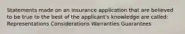 Statements made on an insurance application that are believed to be true to the best of the applicant's knowledge are called: Representations Considerations Warranties Guarantees