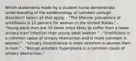 Which statements made by a student nurse demonstrate understanding of the epidemiology of common urologic disorders? Select all that apply. - "The lifetime prevalence of urolithiasis is 12 percent for women in the United States." - "Young adult men are 30 times more likely to suffer from a lower urinary tract infection than young adult women." - "Urolithiasis is a common cause of urinary obstruction and is more common in women." - "Urinary incontinence is more common in women then in men." - "Benign prostatic hyperplasia is a common cause of urinary obstruction."