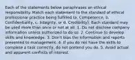 Each of the statements below paraphrases an ethical responsibility. Match each statement to the standard of ethical professional practice being fulfilled​ (a. Competence, b.​ Confidentiality, c.​ Integrity, or d.​ Credibility). Each standard may be used more than once or not at all. 1. Do not disclose company information unless authorized to do so. 2. Continue to develop skills and knowledge. 3. Don't bias the information and reports presented to management. 4. If you do not have the skills to complete a task correctly, do not pretend you do. 5. Avoid actual and apparent conflicts of interest.