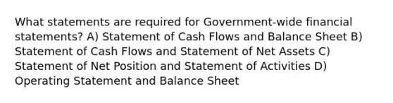 What statements are required for Government-wide financial statements? A) Statement of Cash Flows and Balance Sheet B) Statement of Cash Flows and Statement of Net Assets C) Statement of Net Position and Statement of Activities D) Operating Statement and Balance Sheet