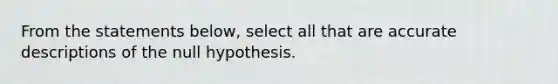 From the statements below, select all that are accurate descriptions of the null hypothesis.