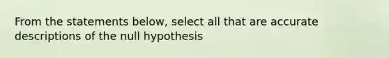 From the statements below, select all that are accurate descriptions of the null hypothesis