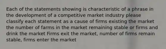 Each of the statements showing is characteristic of a phrase in the development of a competitive market industry please classify each statement as a cause of firms existing the market the number of farms in the market remaining stable or firms and drink the market Firms exit the market, number of firms remain stable, firms enter the market