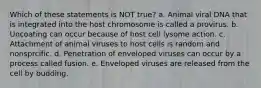 Which of these statements is NOT true? a. Animal viral DNA that is integrated into the host chromosome is called a provirus. b. Uncoating can occur because of host cell lysome action. c. Attachment of animal viruses to host cells is random and nonsprcific. d. Penetration of enveloped viruses can occur by a process called fusion. e. Enveloped viruses are released from the cell by budding.