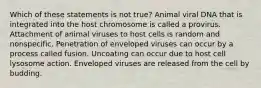 Which of these statements is not true? Animal viral DNA that is integrated into the host chromosome is called a provirus. Attachment of animal viruses to host cells is random and nonspecific. Penetration of enveloped viruses can occur by a process called fusion. Uncoating can occur due to host cell lysosome action. Enveloped viruses are released from the cell by budding.