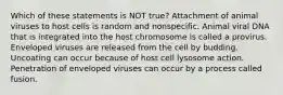 Which of these statements is NOT true? Attachment of animal viruses to host cells is random and nonspecific. Animal viral DNA that is integrated into the host chromosome is called a provirus. Enveloped viruses are released from the cell by budding. Uncoating can occur because of host cell lysosome action. Penetration of enveloped viruses can occur by a process called fusion.