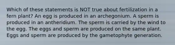 Which of these statements is NOT true about fertilization in a fern plant? An egg is produced in an archegonium. A sperm is produced in an antheridium. The sperm is carried by the wind to the egg. The eggs and sperm are produced on the same plant. Eggs and sperm are produced by the gametophyte generation.