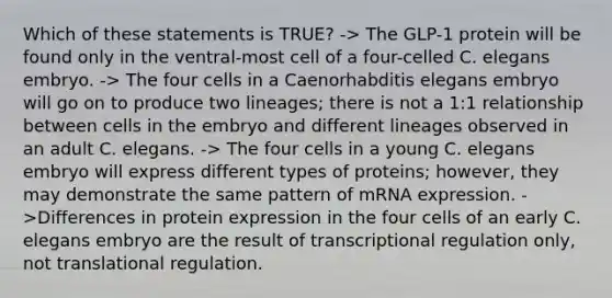 Which of these statements is TRUE? -> The GLP-1 protein will be found only in the ventral-most cell of a four-celled C. elegans embryo. -> The four cells in a Caenorhabditis elegans embryo will go on to produce two lineages; there is not a 1:1 relationship between cells in the embryo and different lineages observed in an adult C. elegans. -> The four cells in a young C. elegans embryo will express different types of proteins; however, they may demonstrate the same pattern of mRNA expression. ->Differences in protein expression in the four cells of an early C. elegans embryo are the result of transcriptional regulation only, not translational regulation.