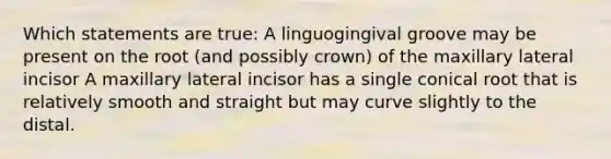 Which statements are true: A linguogingival groove may be present on the root (and possibly crown) of the maxillary lateral incisor A maxillary lateral incisor has a single conical root that is relatively smooth and straight but may curve slightly to the distal.