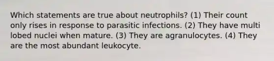 Which statements are true about neutrophils? (1) Their <a href='https://www.questionai.com/knowledge/kIt7oUhyhX-count-on' class='anchor-knowledge'>count on</a>ly rises in response to parasitic infections. (2) They have multi lobed nuclei when mature. (3) They are agranulocytes. (4) They are the most abundant leukocyte.