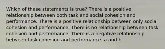 Which of these statements is true? There is a positive relationship between both task and social cohesion and performance. There is a positive relationship between only social cohesion and performance. There is no relationship between task cohesion and performance. There is a negative relationship between task cohesion and performance. a and b