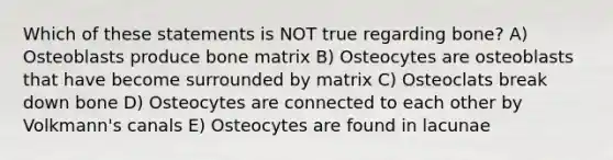 Which of these statements is NOT true regarding bone? A) Osteoblasts produce bone matrix B) Osteocytes are osteoblasts that have become surrounded by matrix C) Osteoclats break down bone D) Osteocytes are connected to each other by Volkmann's canals E) Osteocytes are found in lacunae