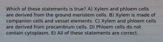 Which of these statements is true? A) Xylem and phloem cells are derived from the ground meristem cells. B) Xylem is made of companion cells and vessel elements. C) Xylem and phloem cells are derived from procambium cells. D) Phloem cells do not contain cytoplasm. E) All of these statements are correct.