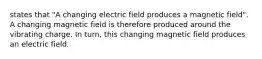 states that "A changing electric field produces a magnetic field". A changing magnetic field is therefore produced around the vibrating charge. In turn, this changing magnetic field produces an electric field.