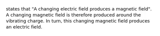 states that "A changing electric field produces a magnetic field". A changing magnetic field is therefore produced around the vibrating charge. In turn, this changing magnetic field produces an electric field.