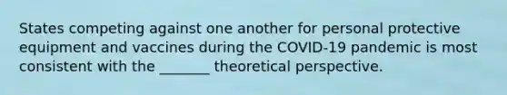 States competing against one another for personal protective equipment and vaccines during the COVID-19 pandemic is most consistent with the _______ theoretical perspective.