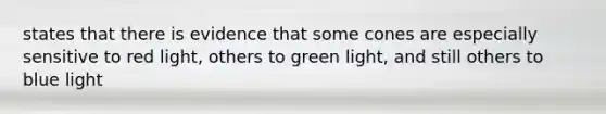 states that there is evidence that some cones are especially sensitive to red light, others to green light, and still others to blue light