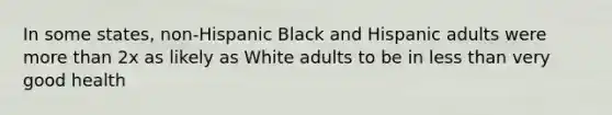 In some states, non-Hispanic Black and Hispanic adults were more than 2x as likely as White adults to be in less than very good health