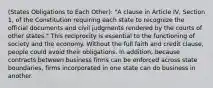 (States Obligations to Each Other): "A clause in Article IV, Section 1, of the Constitution requiring each state to recognize the official documents and civil judgments rendered by the courts of other states." This reciprocity is essential to the functioning of society and the economy. Without the full faith and credit clause, people could avoid their obligations. In addition, because contracts between business firms can be enforced across state boundaries, firms incorporated in one state can do business in another.