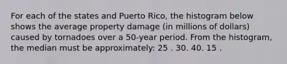 For each of the states and Puerto Rico, the histogram below shows the average property damage (in millions of dollars) caused by tornadoes over a 50-year period. From the histogram, the median must be approximately: 25 . 30. 40. 15 .