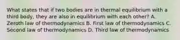 What states that if two bodies are in thermal equilibrium with a third body, they are also in equilibrium with each other? A. Zeroth law of thermodynamics B. First law of thermodynamics C. Second law of thermodynamics D. Third law of thermodynamics