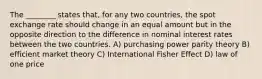 The ________ states that, for any two countries, the spot exchange rate should change in an equal amount but in the opposite direction to the difference in nominal interest rates between the two countries. A) purchasing power parity theory B) efficient market theory C) International Fisher Effect D) law of one price