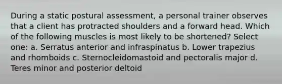 During a static postural assessment, a personal trainer observes that a client has protracted shoulders and a forward head. Which of the following muscles is most likely to be shortened? Select one: a. Serratus anterior and infraspinatus b. Lower trapezius and rhomboids c. Sternocleidomastoid and pectoralis major d. Teres minor and posterior deltoid