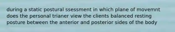 during a static postural ssessment in which plane of movemnt does the personal trianer view the clients balanced resting posture between the anterior and posterior sides of the body