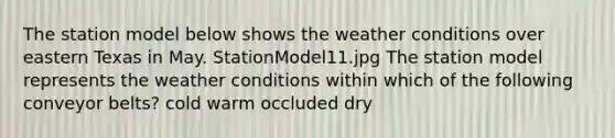 The station model below shows the weather conditions over eastern Texas in May. StationModel11.jpg The station model represents the weather conditions within which of the following conveyor belts? cold warm occluded dry