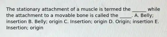 The stationary attachment of a muscle is termed the ______ while the attachment to a movable bone is called the _____. A. Belly; insertion B. Belly; origin C. Insertion; origin D. Origin; insertion E. Insertion; origin