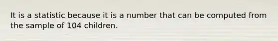 It is a statistic because it is a number that can be computed from the sample of 104 children.