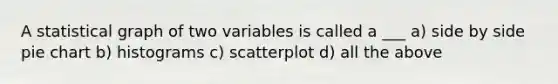 A statistical graph of two variables is called a ___ a) side by side pie chart b) histograms c) scatterplot d) all the above