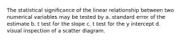 The statistical significance of the linear relationship between two numerical variables may be tested by a. standard error of the estimate b. t test for the slope c. t test for the y intercept d. visual inspection of a scatter diagram.